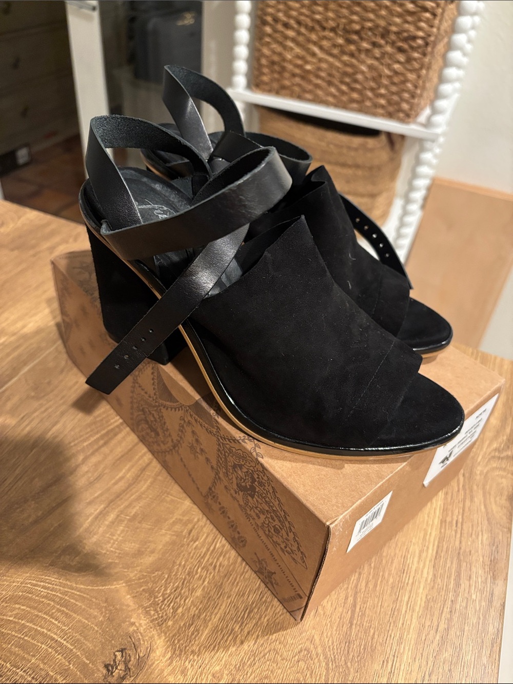 Free people Black Suede Open-Toe Wedge Heels with Cross Ankle Straps